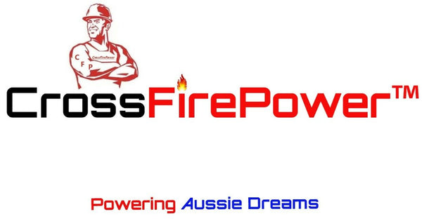 CrossFirePower logo with a stylized illustration of a person and the tagline 'Powering Aussie Dreams' on a white background.